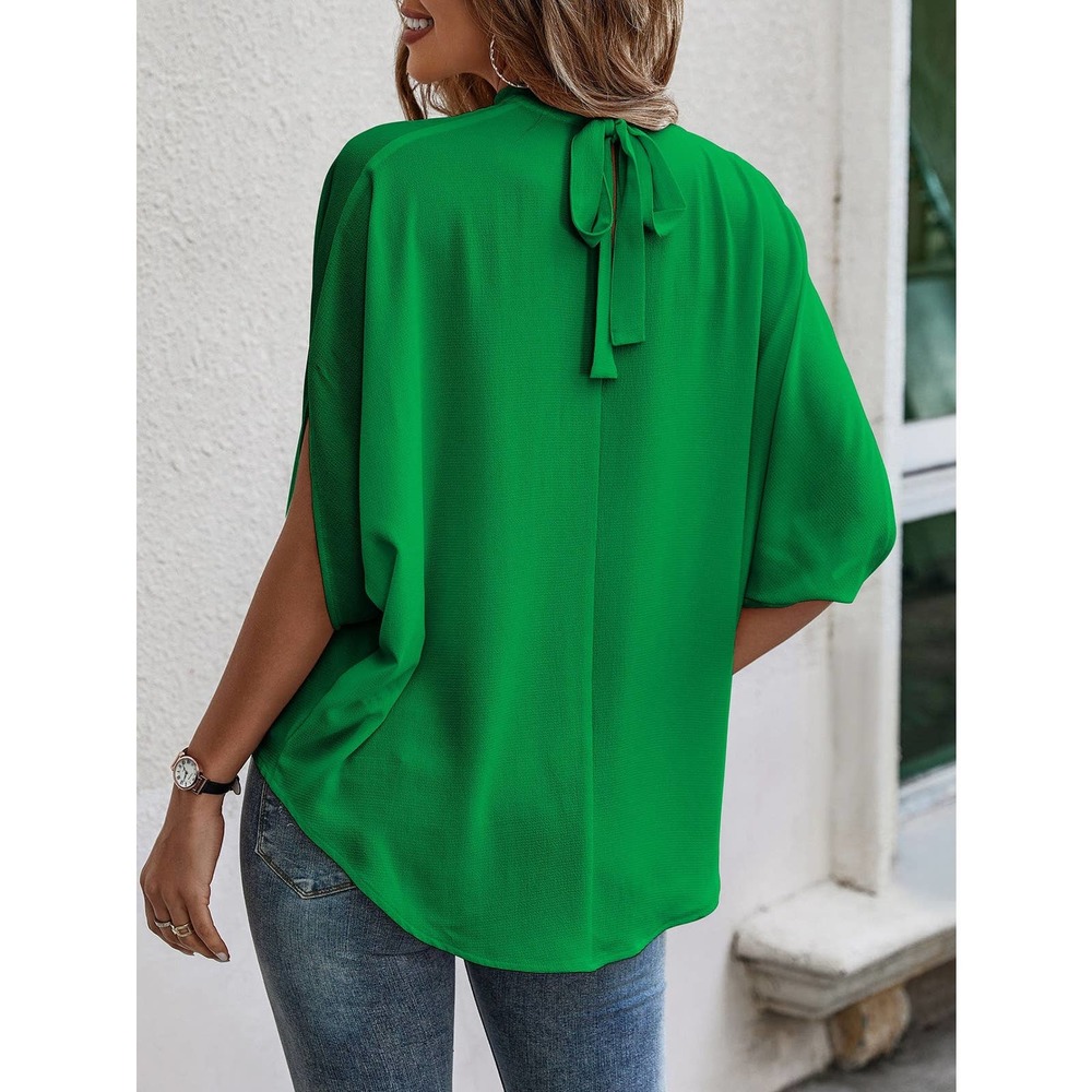 Tie Back Batwing Sleeve short sleeve Blouse black - Picture 7 of 11